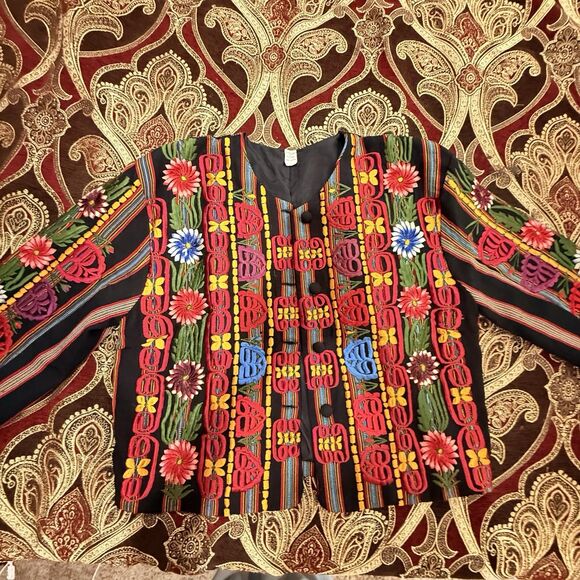 Guatemalan Vintage Jacket Large Embroidered Boho Ethnic Floral Artsy Handmade - Picture 8 of 12